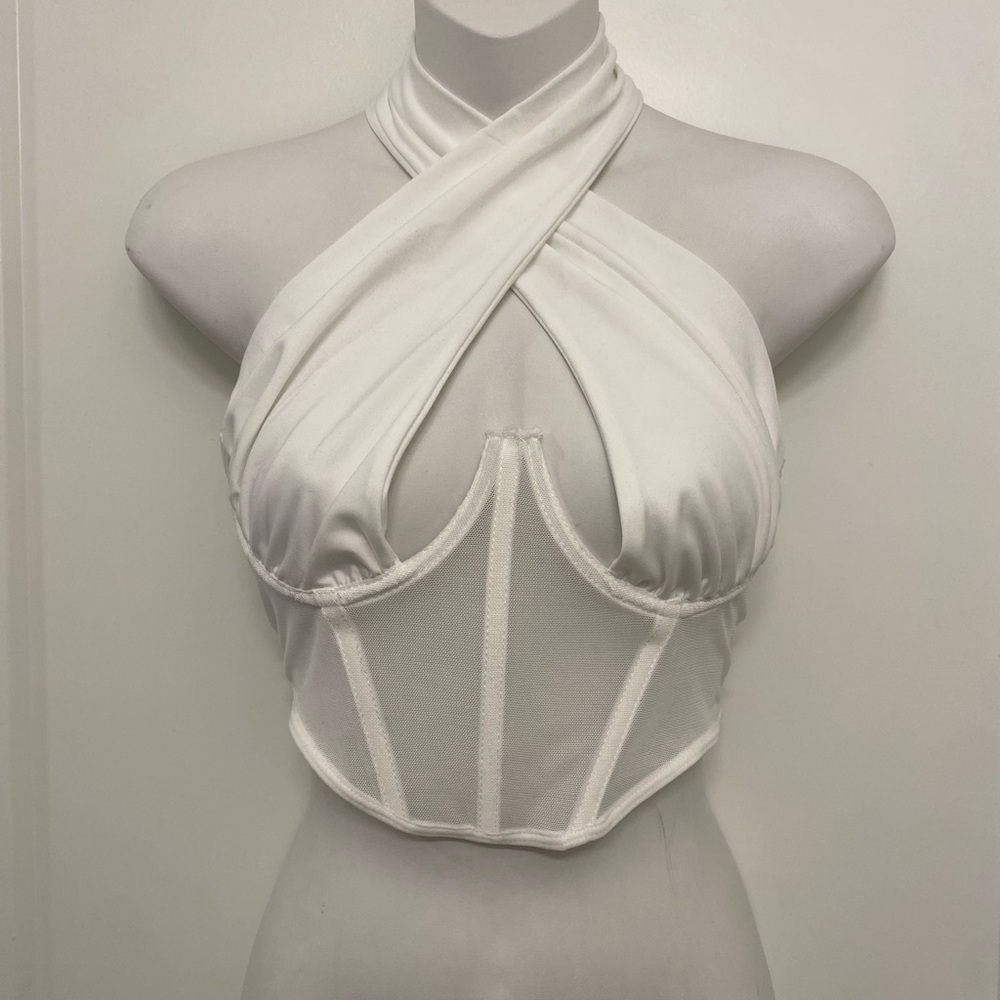 NWOT White Sheer Mesh Cutout Tied Backless Top - Picture 1 of 5